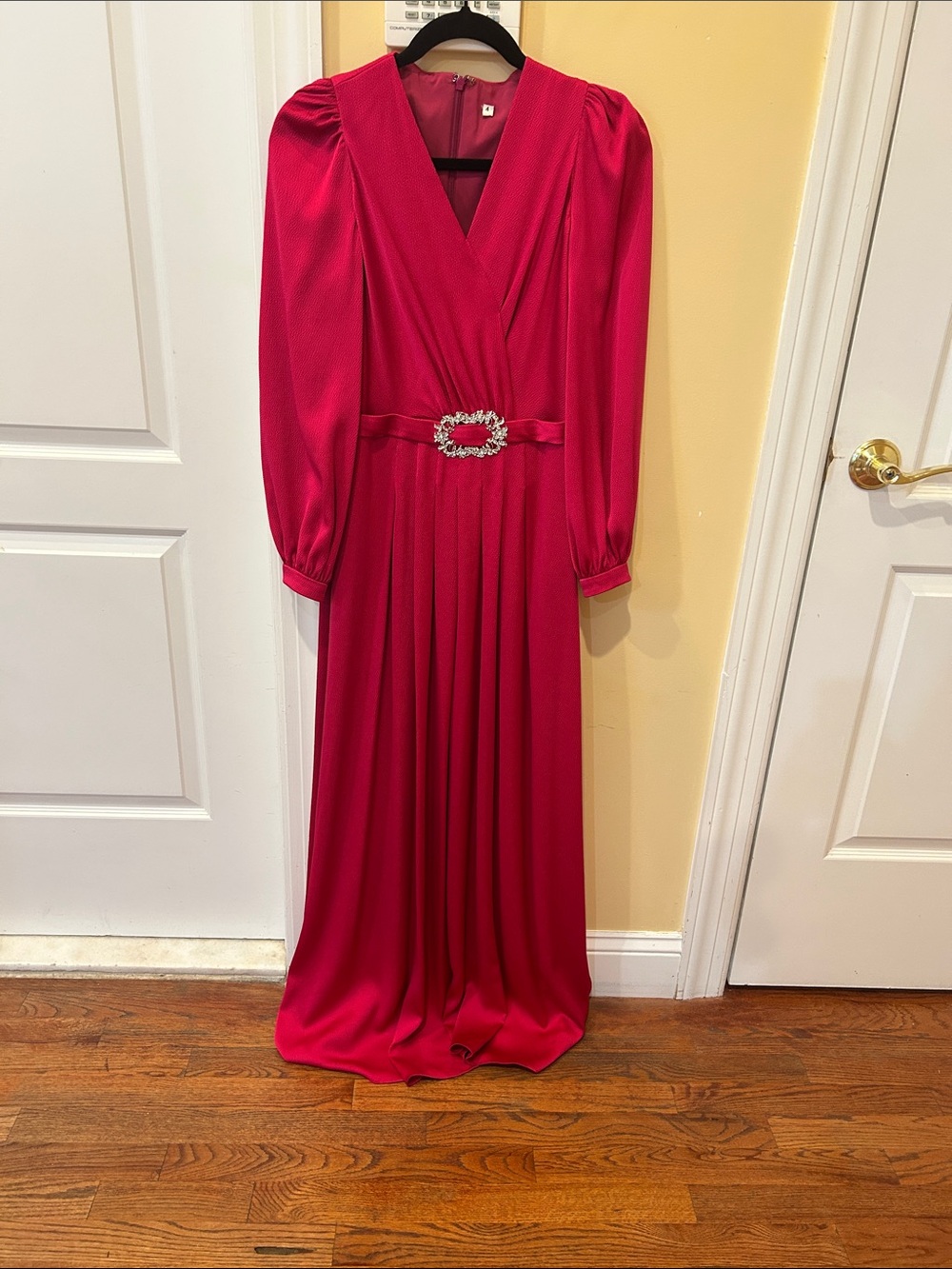 Teri Jon Fuchsia Long-Sleeve Wrap Maxi Dress with Crystal Waist Accent